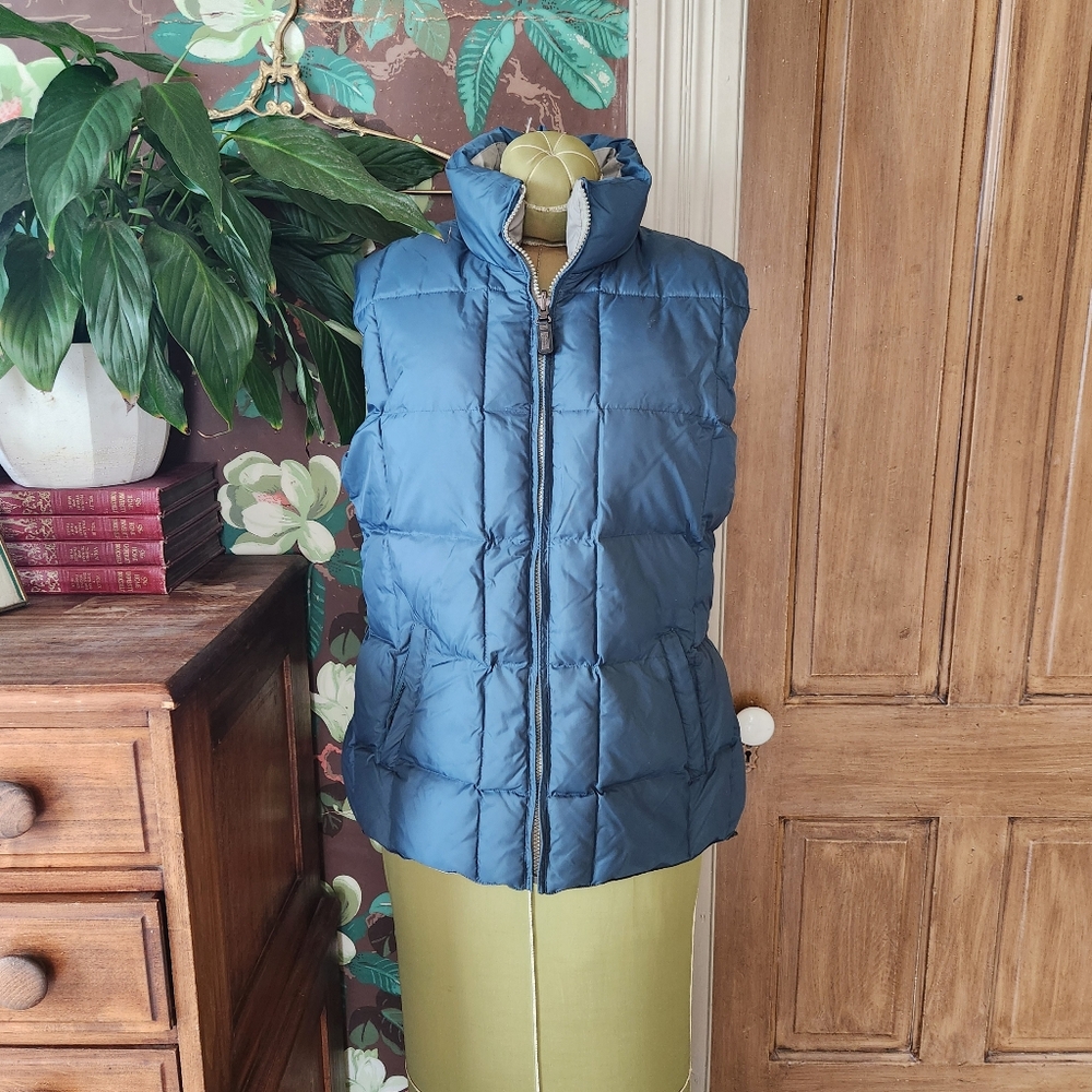 Silver Rider Reversible Down Puffer Vest Blue Gray Equestrian Nylon Zip Womens